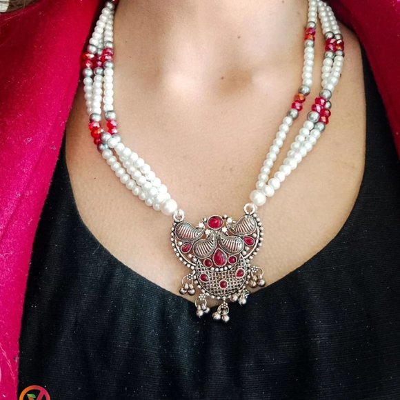Jewelry - Pearls Beaded Chain Jewelry Set, Tribal Jewelry Set, Beaded Chain Pendant Neckla